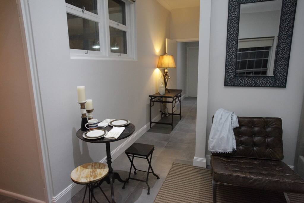 Eat in area, and a cigar leather chair