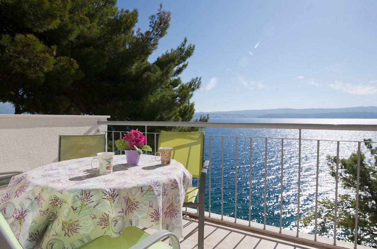 A table adorned with a patterned tablecloth is set on a balcony, featuring two green chairs. A potted flower adds a pop of color. The serene sea view extends towards the distant island, with bright sunlight reflecting off the water.