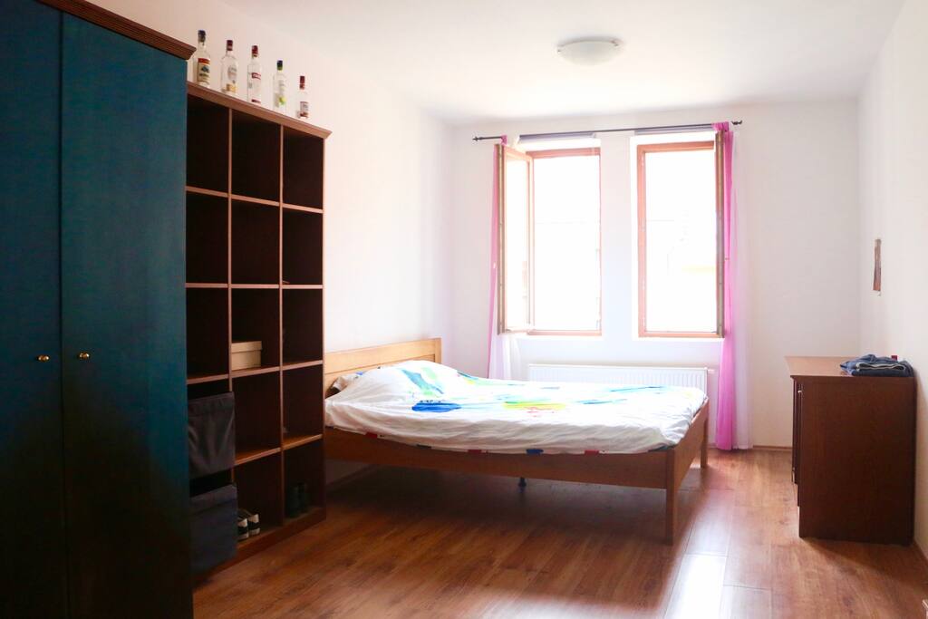 Spacious bedroom with vacant closet, shelf & desk.