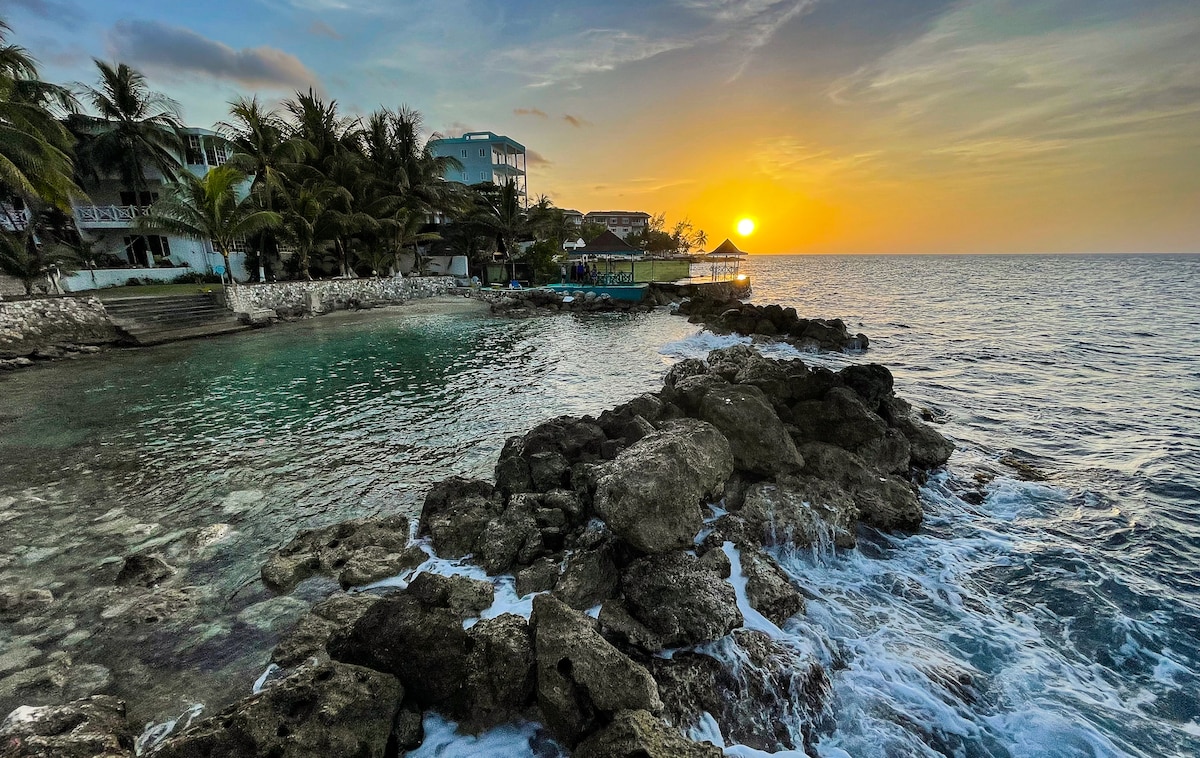 The image captures a serene waterfront scene at sunset, with gentle waves lapping against rocky formations. Palm trees frame the view, and the soft glow of the sun reflects on the water's surface. A portion of the beach area and nearby buildings are visible in the background.