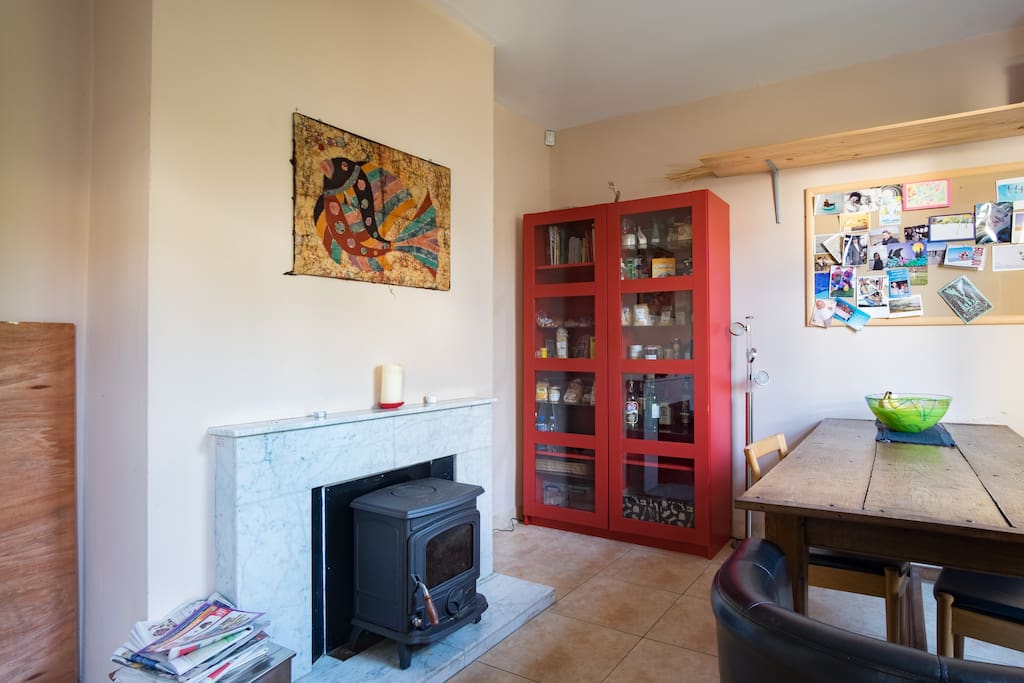 Dining room with wood burner