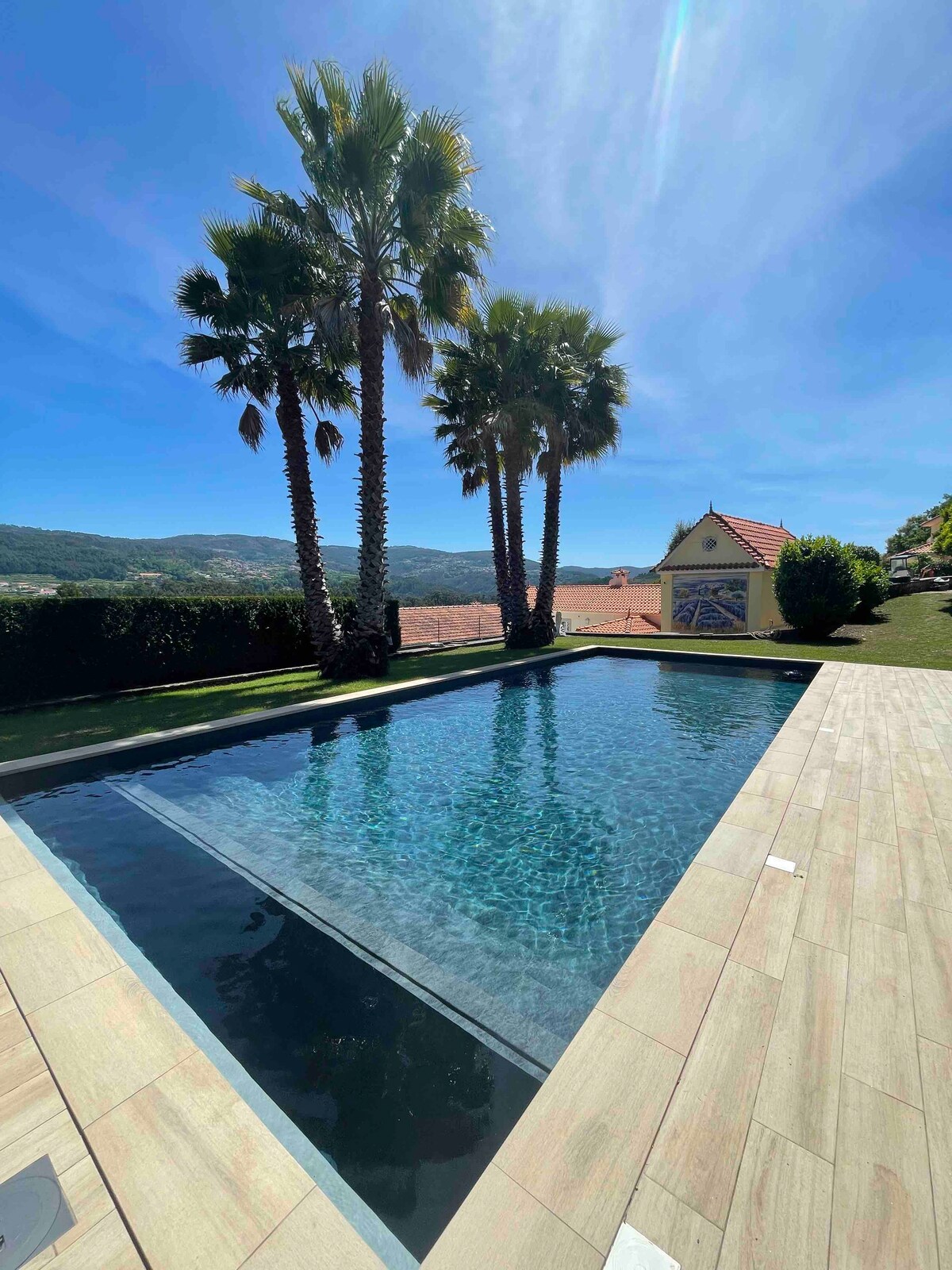A private swimming pool is surrounded by palm trees, providing a serene outdoor space. The water's surface reflects the clear blue sky. A lightly textured patio surrounds the pool, leading to a well-kept grassy area that enhances the tranquil setting.