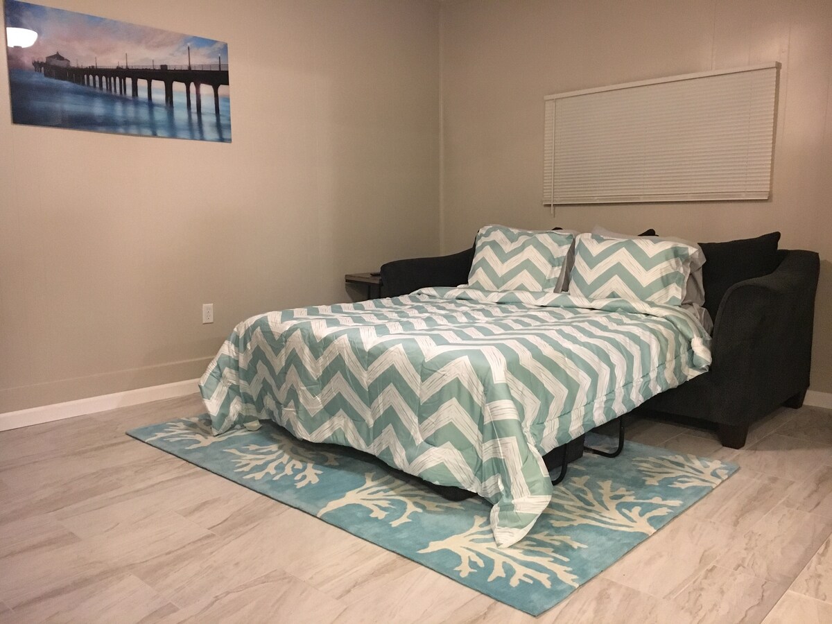 Cuarto dormitorio /sala multimedia con un sofá cama tamaño queen.