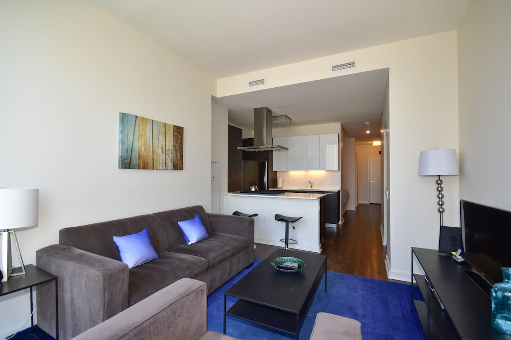 Living Area with Queen Pull-Out Sofa. Cable, Internet and Telephone Included.