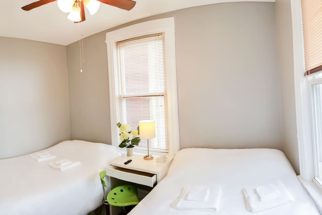 Bedroom accommodates up to 4 guests with 2 double beds furnished with luxurious gel memory foam mattresses