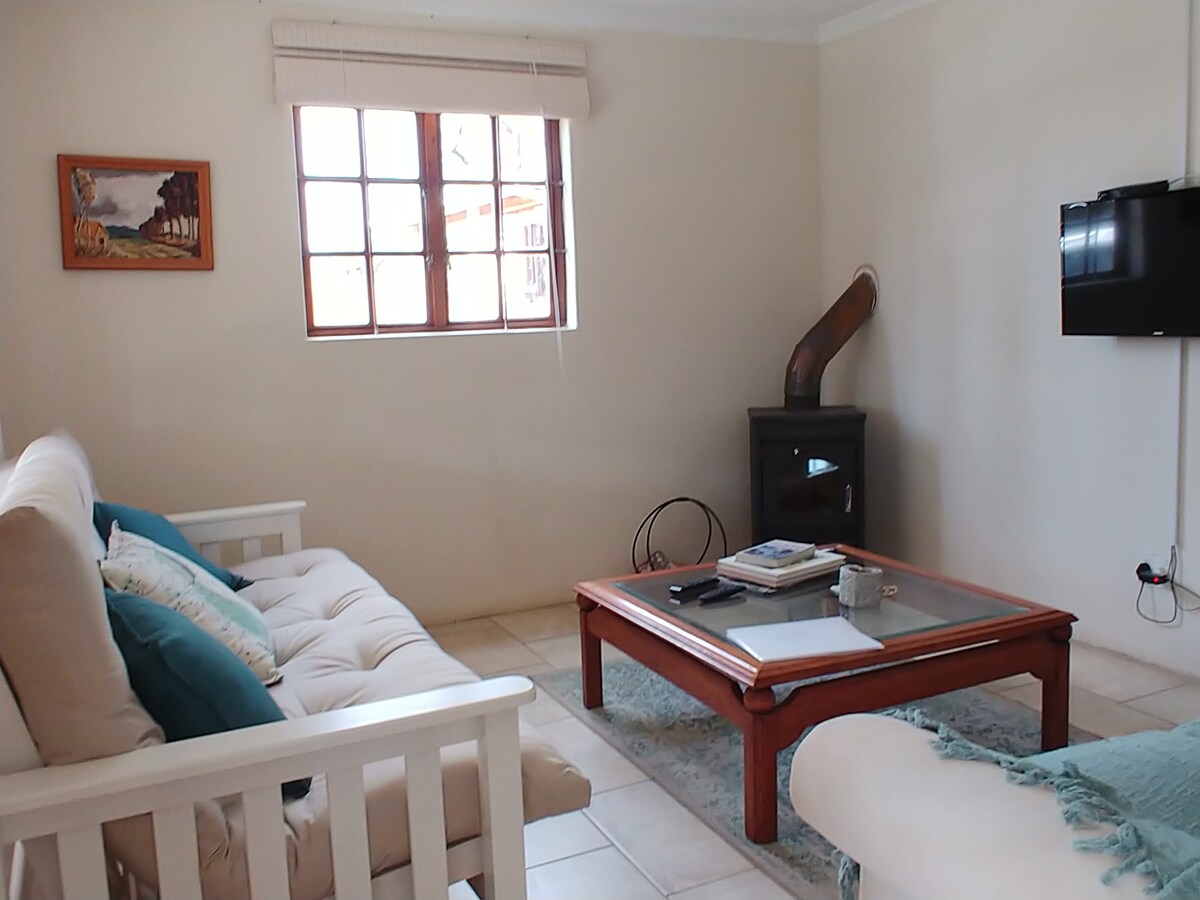 Sala de estar con sofá cama, chimenea de leña y dstv.