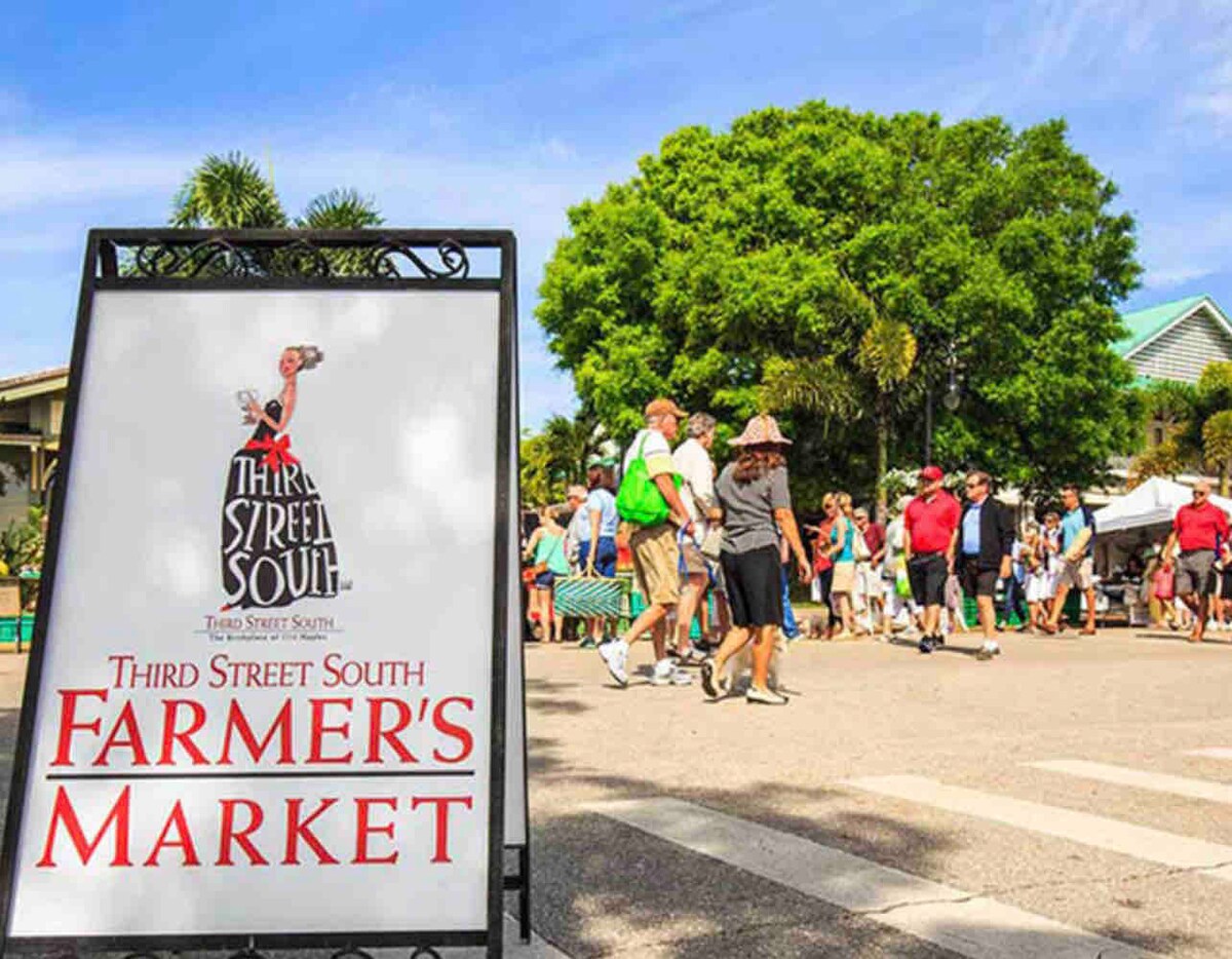 A vibrant outdoor farmer's market features a sign prominently displaying 'Third Street South Farmer's Market.' The scene is lively with numerous individuals engaging in activities under a clear sky, surrounded by lush trees and market stalls offering various goods.