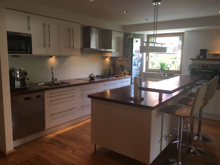 Big gourmet kitchen with oven, professional steamer, microwave, dishwasher, espresso machine