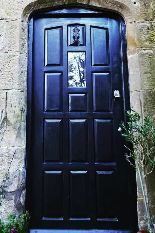A dark wooden door features a pane of glass and a decorative knocker, framed by a stone archway. The door's surface is highlighted by several panels, while small greenery is visible at its base.