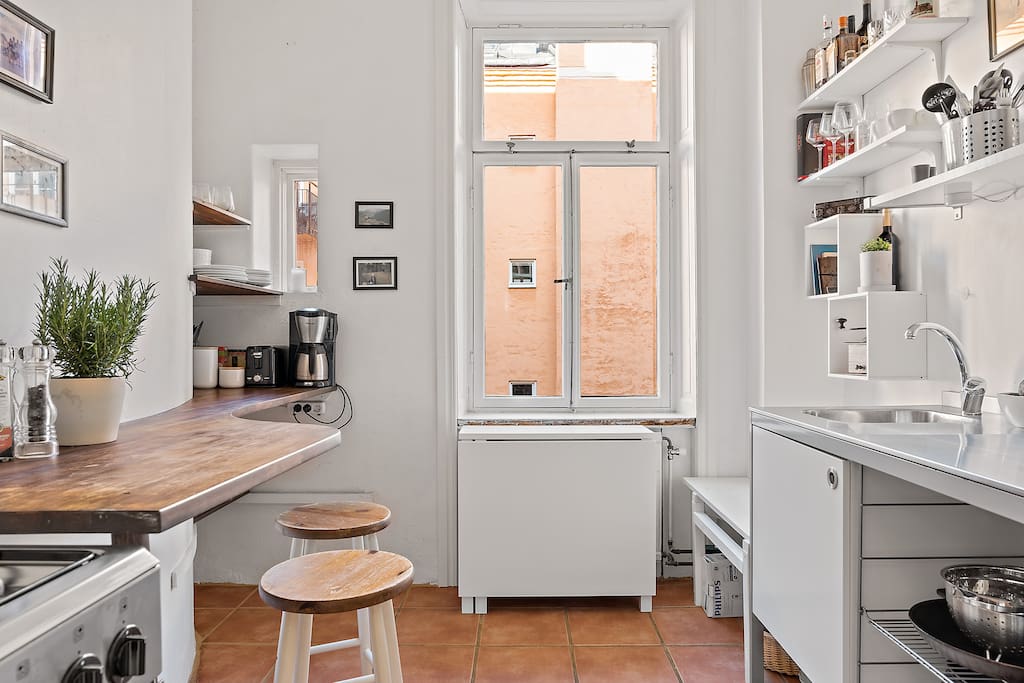 The kitchen has all the basic appliences you would need for a home cooked meal. Help yourself to whatever is in the fridge.