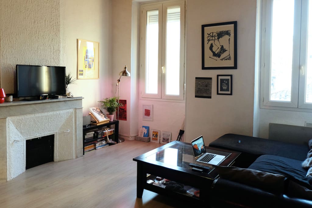 Grand salon avec canapé et télévision