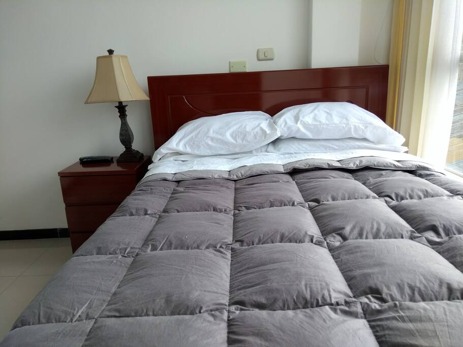 Cama de dos plazas con covertor de plumas.