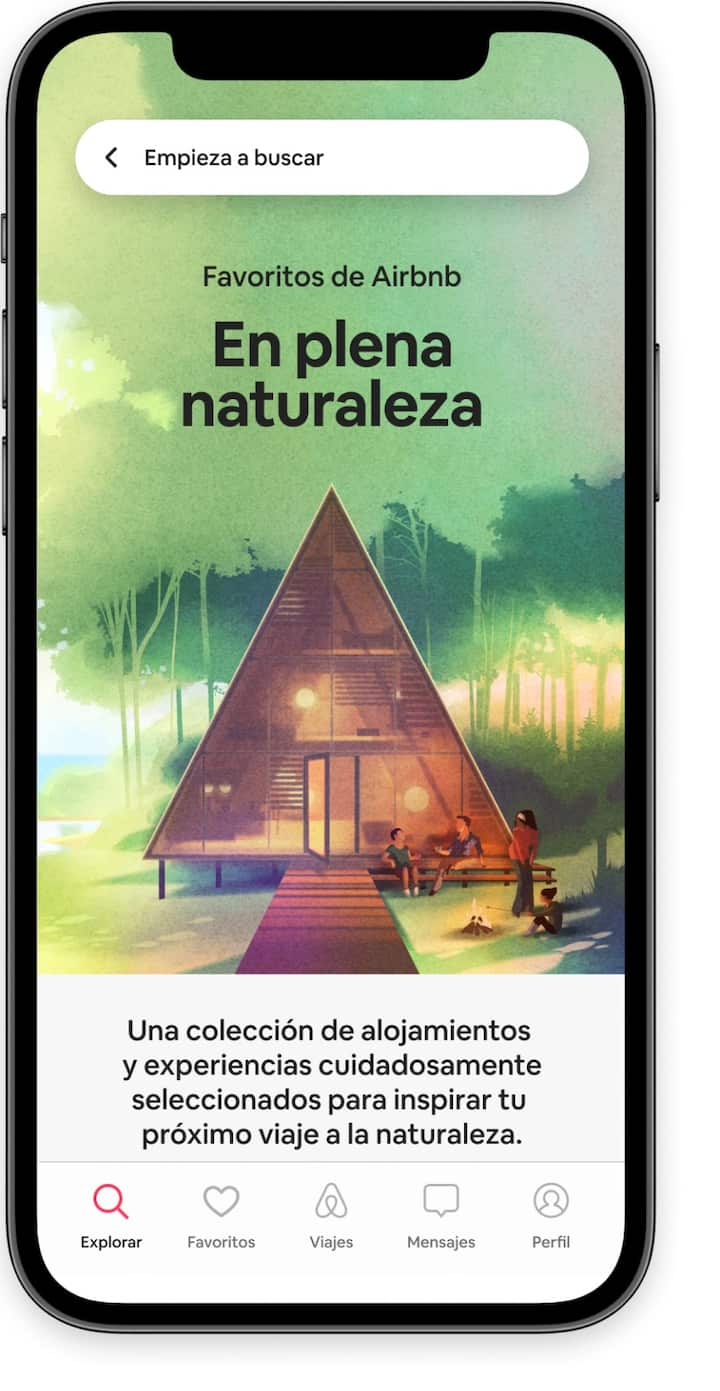 Una pantalla de inicio que destaca la lista de favoritos junto con la colección de Escápate a la naturaleza en la aplicación de Airbnb.