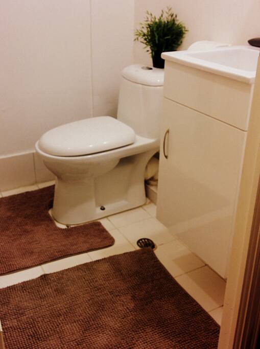 Modern bathroom with towels, soap, shampoo, hairdryer & toilet paper provided