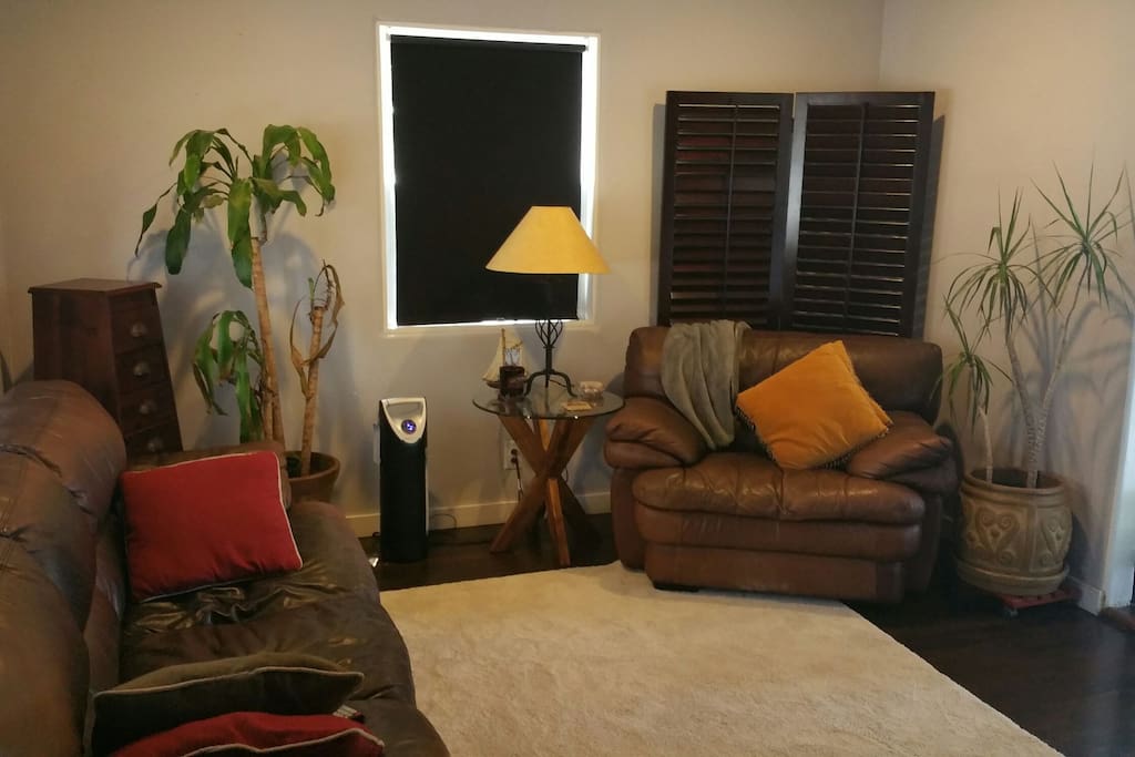 Living room ~ Chocolate leather, wall mounted LED, white rugs throughout home.