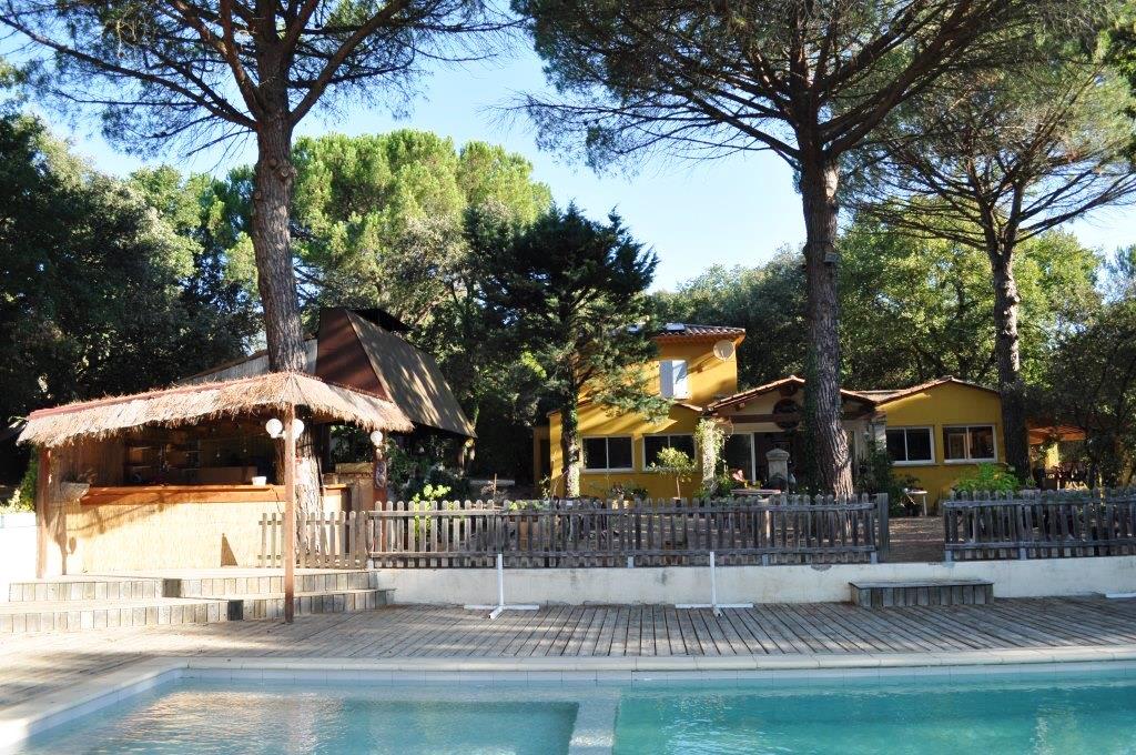 A vibrant yellow house is nestled among tall trees, with a wooden deck visible in the foreground. A thatched-roof structure serves as a shaded outdoor space nearby, while a rectangular swimming pool reflects the surrounding greenery under clear blue skies.