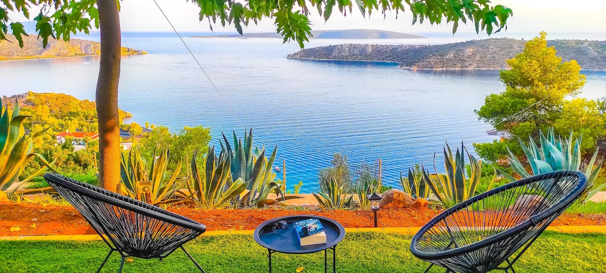 Two stylish chairs are positioned on a grassy patio, offering a serene view of a calm bay. A small table between them holds a book, while lush greenery and agave plants frame the scene, enhancing the tranquil coastal atmosphere.