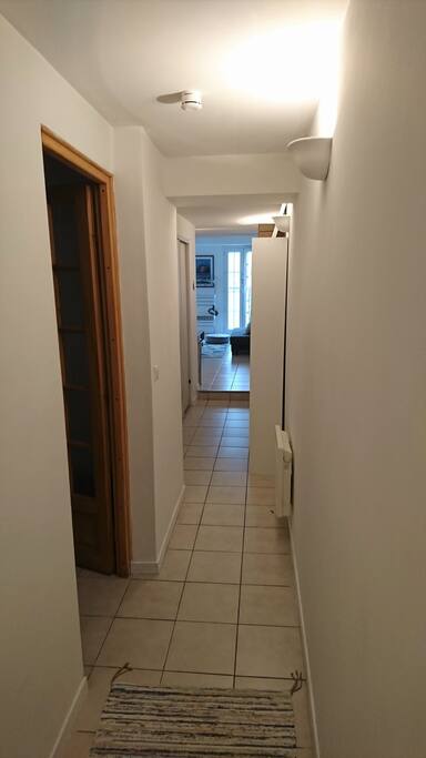 Couloir donnant sur la chambre, les WC et salle de bain, la cuisine américaine et le séjour