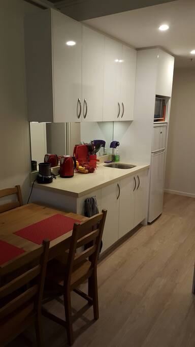 Fully equipped kitchen including fridge and microwave