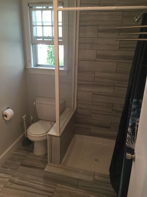 Renovated bathroom. The glass panel allows light into the shower, and can be pretty sexy under the right conditions :)
