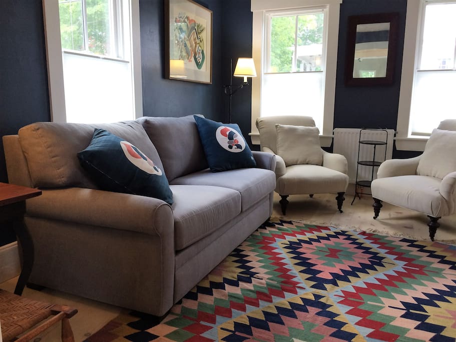 Living room with comfortable sleep sofa antiques,books large tv and internet