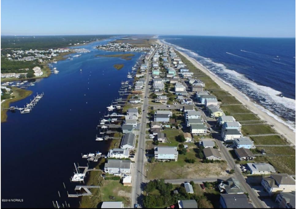 Aerial view of the island, our home is in between the intercoastal and the ocean