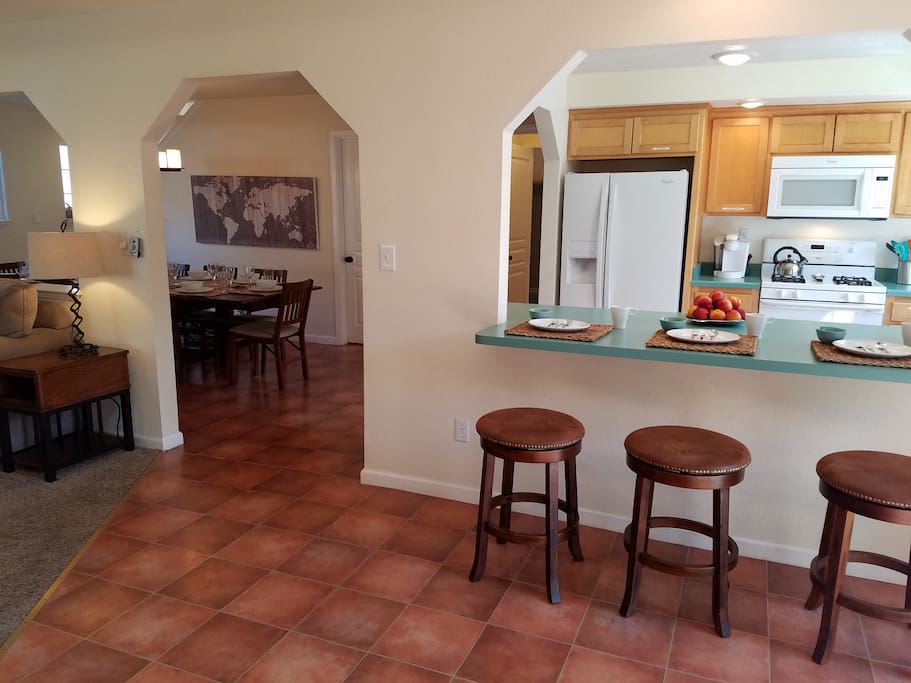 Open plan for common areas allows everyone in a large group to spread out and feel included at the same time, and there are many private places inside and outside of the house for rest