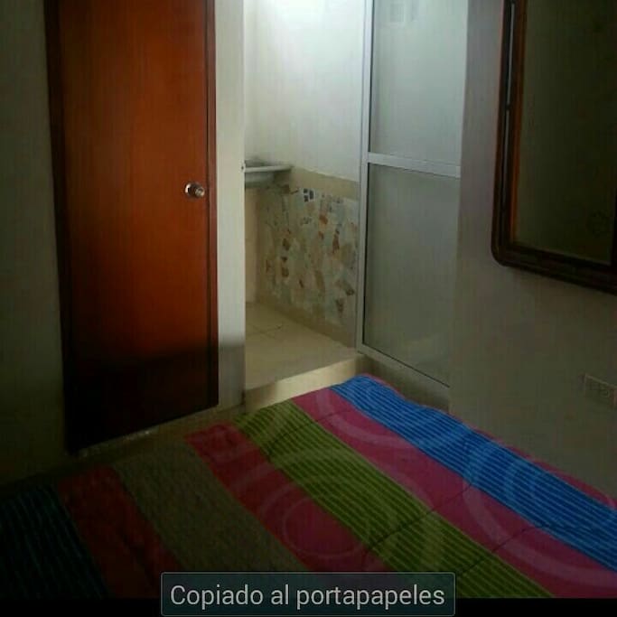 Aqui hay una habitacion con baño privado y patio, tiene una cama con nido por debajo(cama rodante) aire acondicionado, televisor plasma, closeth grande y un espejo y otros