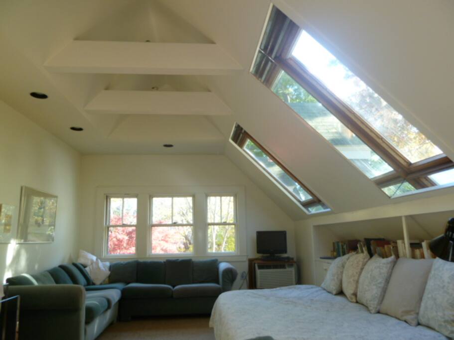 Sun-drenched space has black-out shades for sleeping.