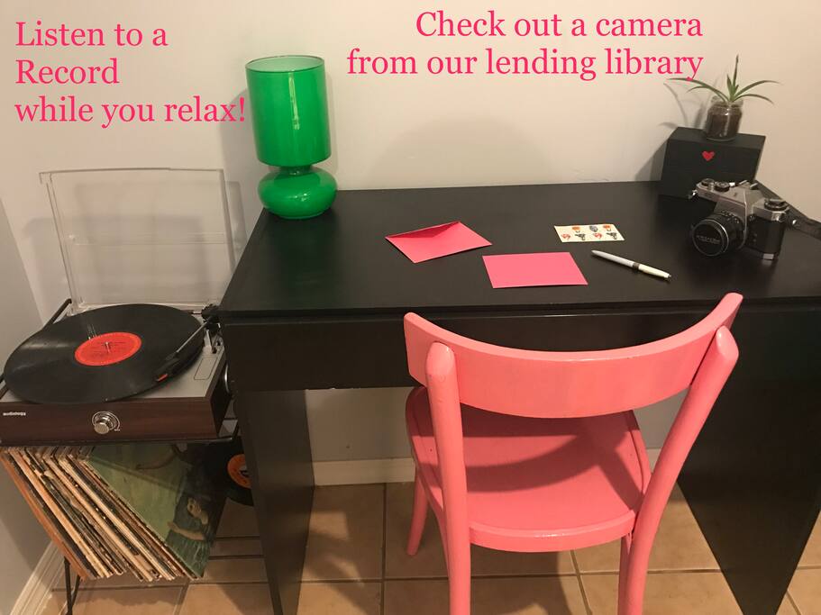 We offer a record player and choice records for your listening pleasure. We also have a camera lending library where you can check out a 35 mm camera or polaroid to take pictures while you're here to remember your trip!
