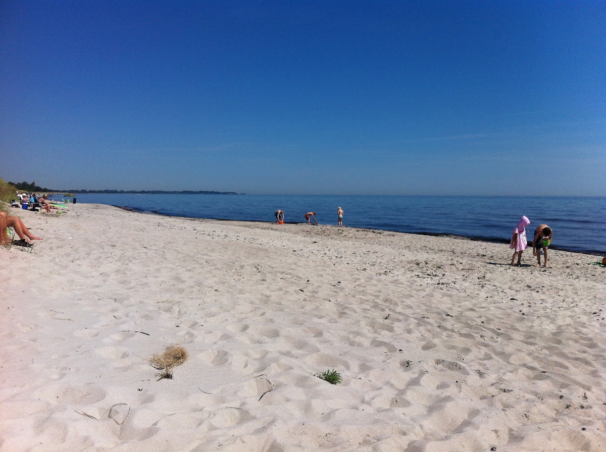 A tranquil beach scene features soft, white sand stretching along a calm shoreline. In the distance, gentle waves lap at the shore under a clear blue sky. A few beach chairs are positioned for relaxation, while two children are seen playing near the water's edge.