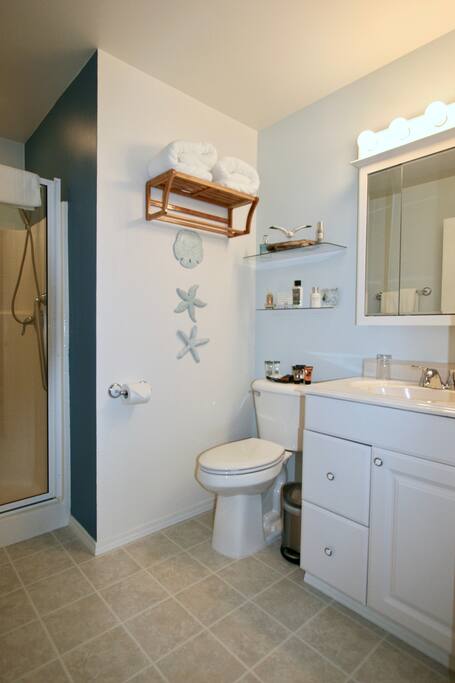 Your bathroom has a 2-in-1 Shower Head and Hand Shower with 4 Spray Settings. Luxury amenities and Boca Terry towels.