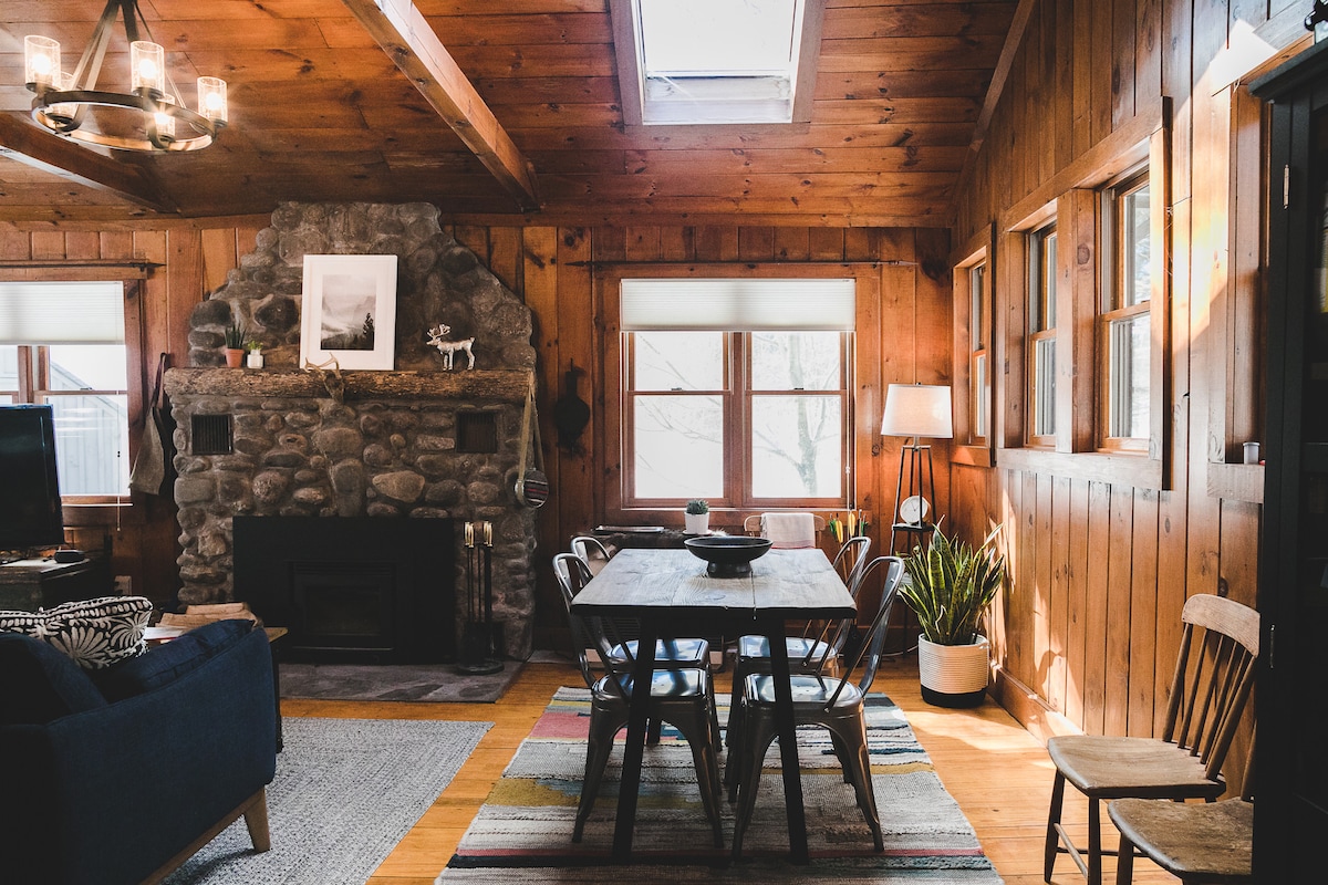 A rustic living area features wooden walls and a stone fireplace, creating a cozy ambiance. A wooden dining table surrounded by chairs sits on a colorful rug. Natural light filters through windows, while a skylight adds brightness to the space. A potted plant enhances the homely atmosphere.
