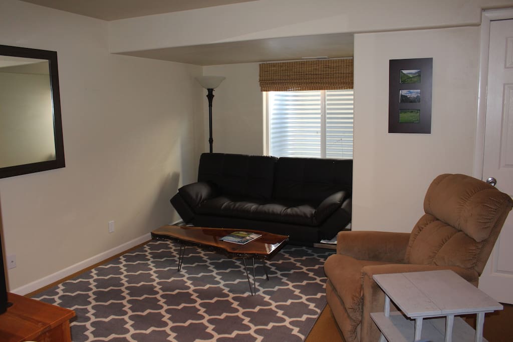 Small private living area with large screen TV and full size futon.