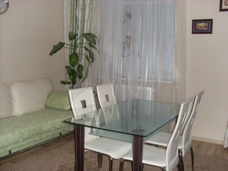 A kitchen with a full set of good dishes, dining area and comfortable sofa