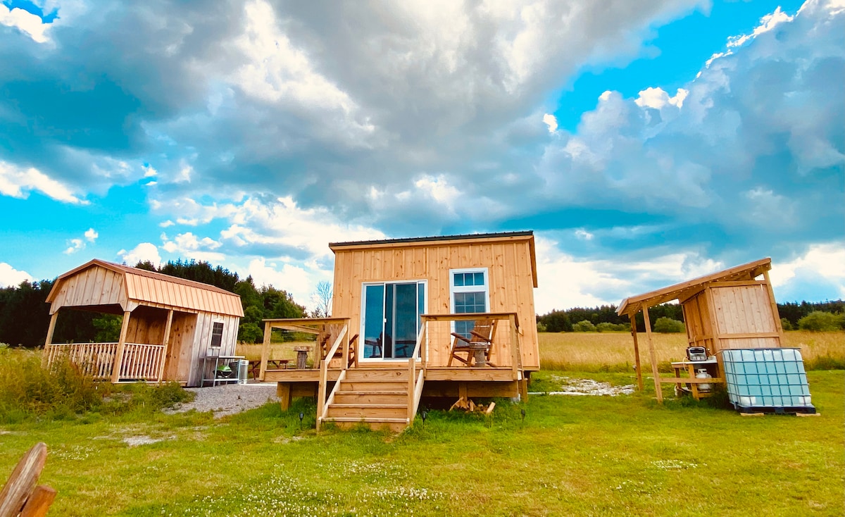 A wooden cabin is centered in the image, featuring a front deck with seating and large glass doors. Nearby, a covered outdoor kitchen area and a gazebo are visible, all surrounded by an expansive green field under a partly cloudy sky.
