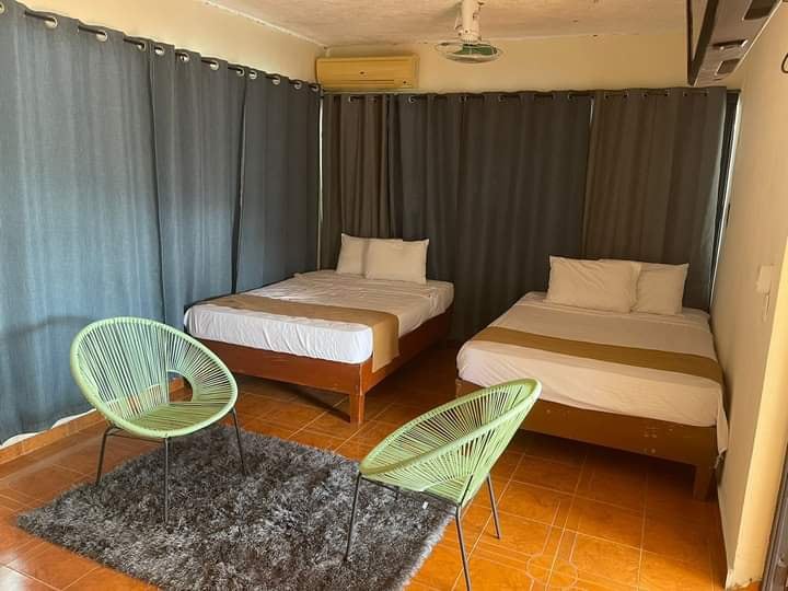 A comfortable room is equipped with two spacious beds and a sofa bed, accommodating up to five guests. Three green chairs are arranged on a soft area rug, with curtains providing privacy and controlled light. A ceiling fan and air conditioning unit are visible.