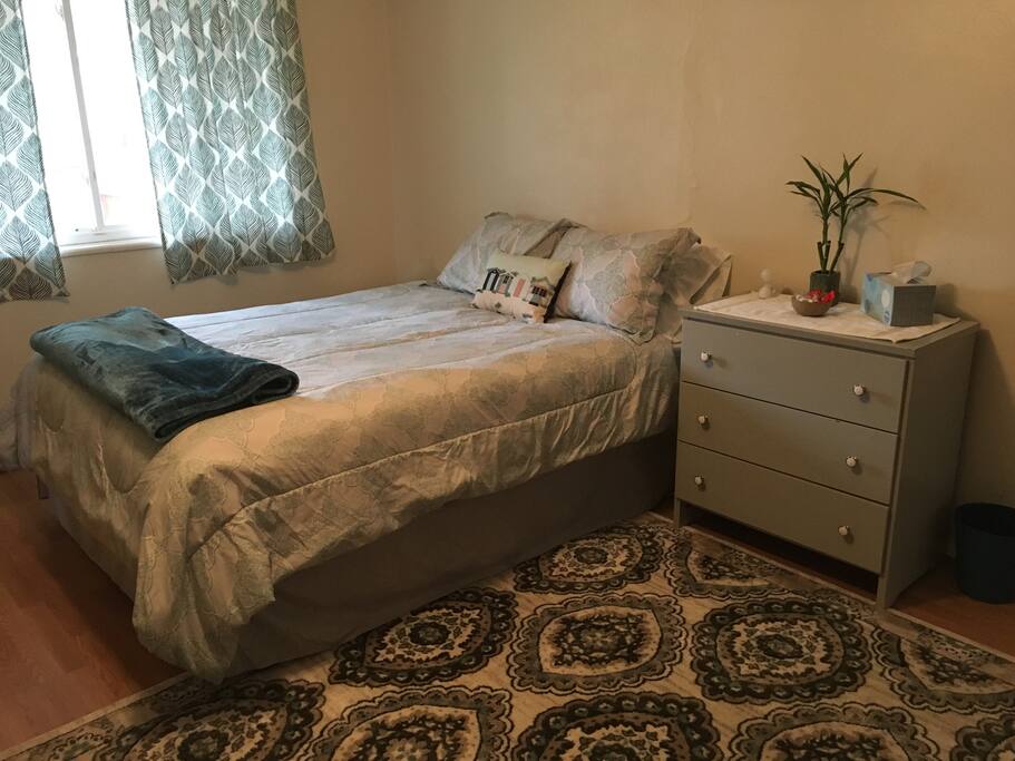Comfortable queen bed and cozy area rug. An air mattress is also available.