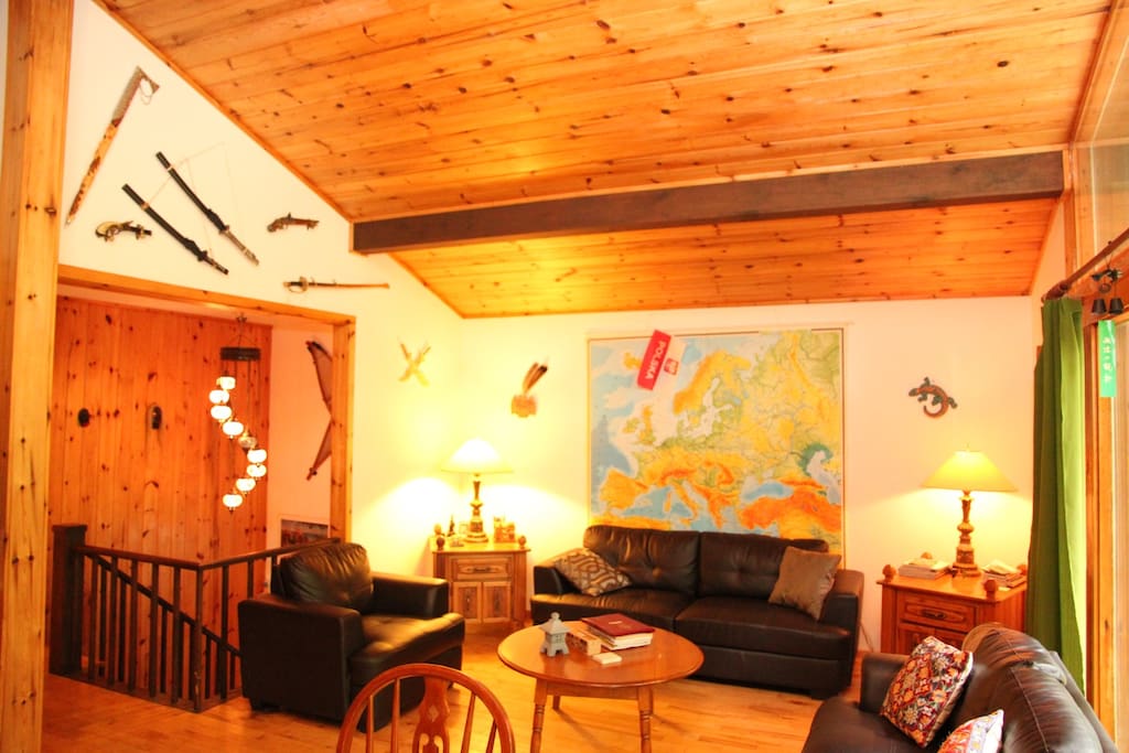 Living Room with Cathedral Ceilings - Leather Couches - Access to a large terrace