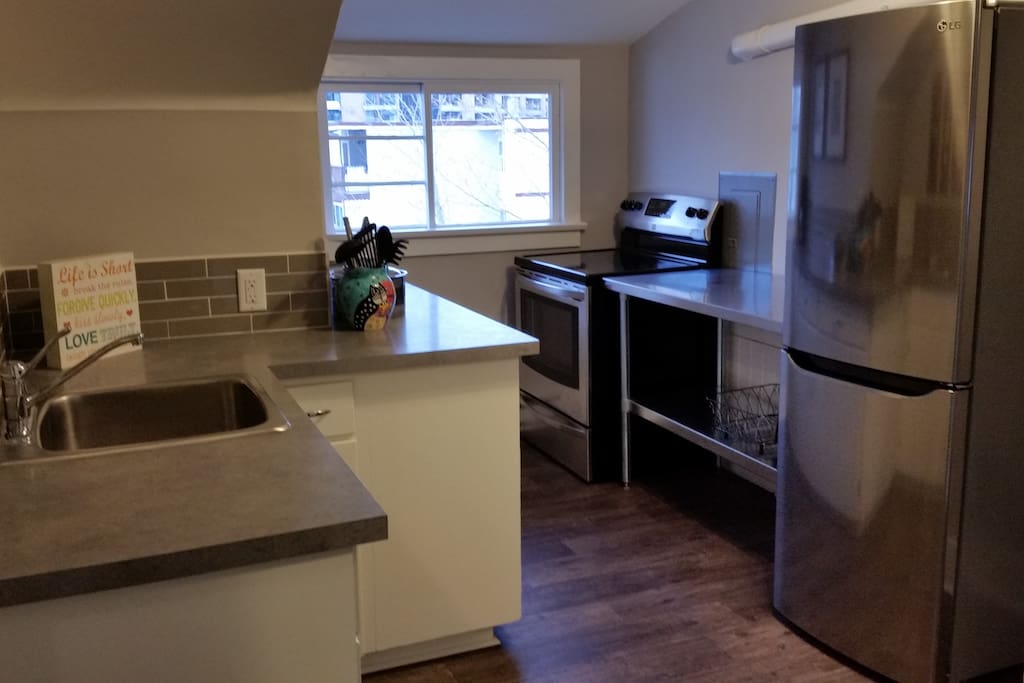 New full size stainless range & fridge