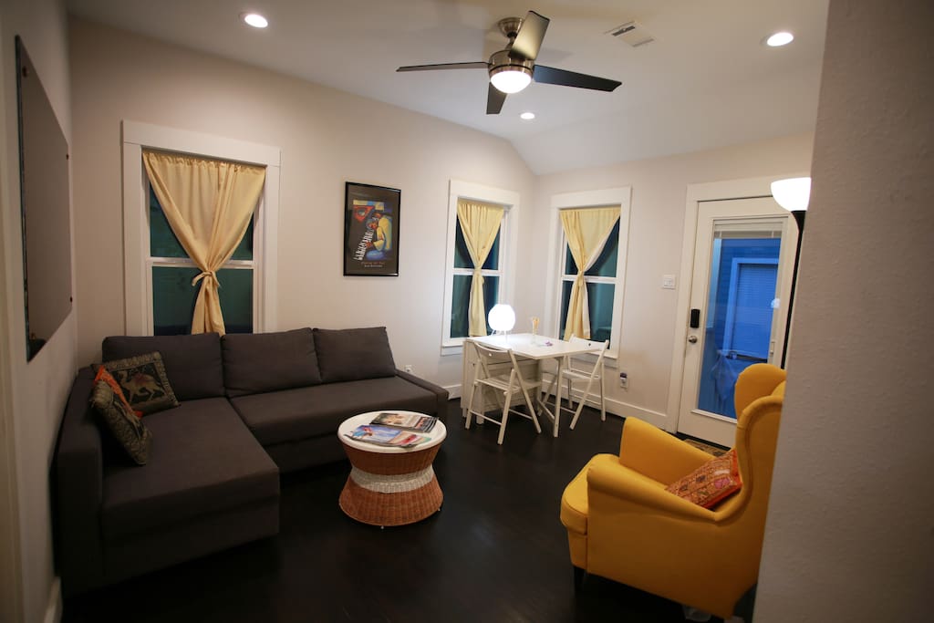 Sofa pulls out easily to a 55" x 80" bed (in-between a full XL and queen), sofa sleeps two.