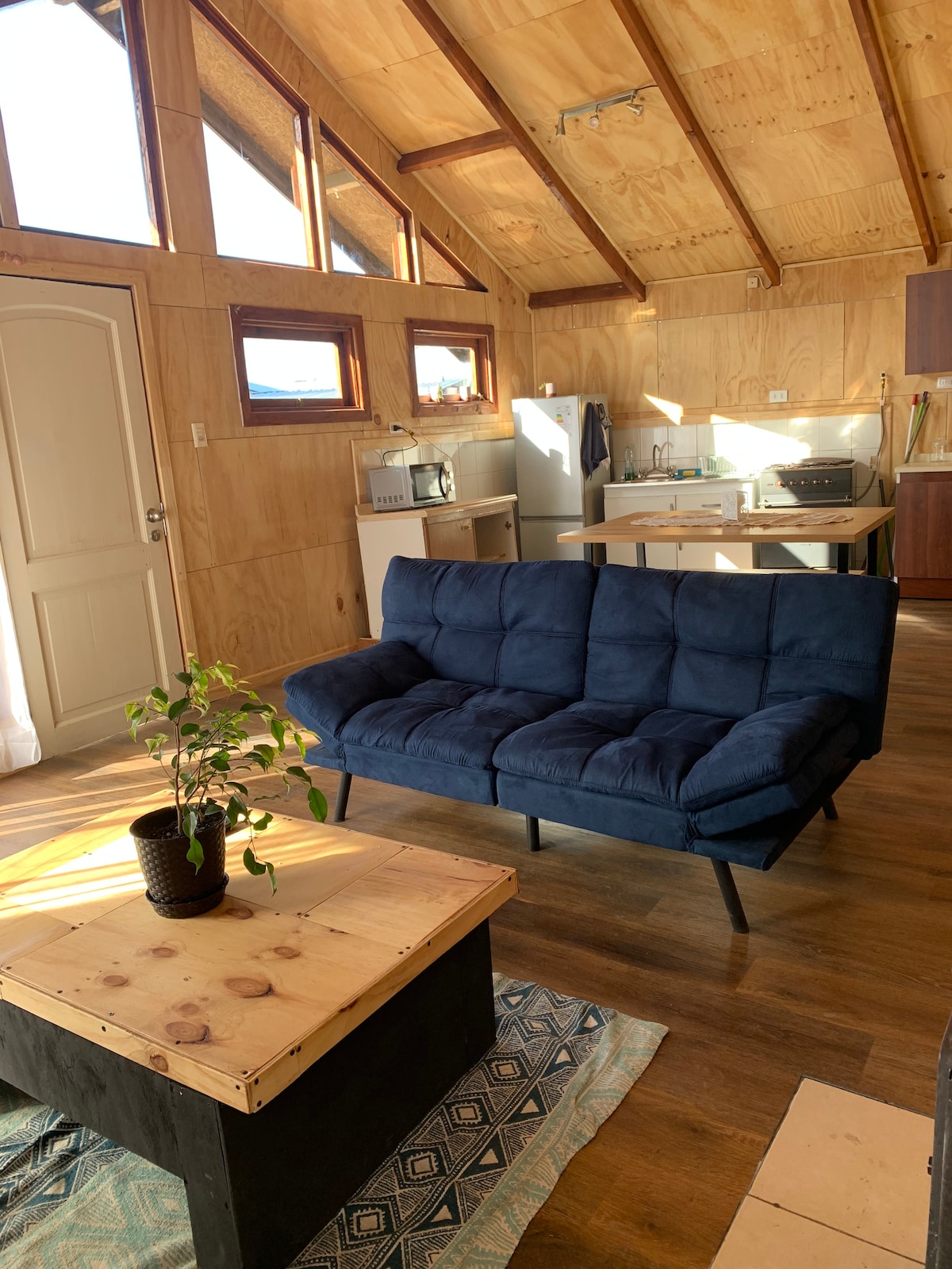 A cozy living space features vaulted wooden ceilings and large windows, allowing ample natural light. A deep blue futon is positioned in front of a wooden coffee table, complemented by a plant in a black pot. The kitchen area is partially visible in the background.