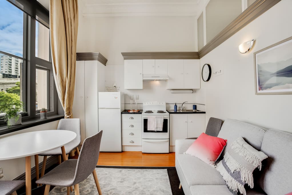 Comfortable and clean apartment with a great kitchen for longer stays.