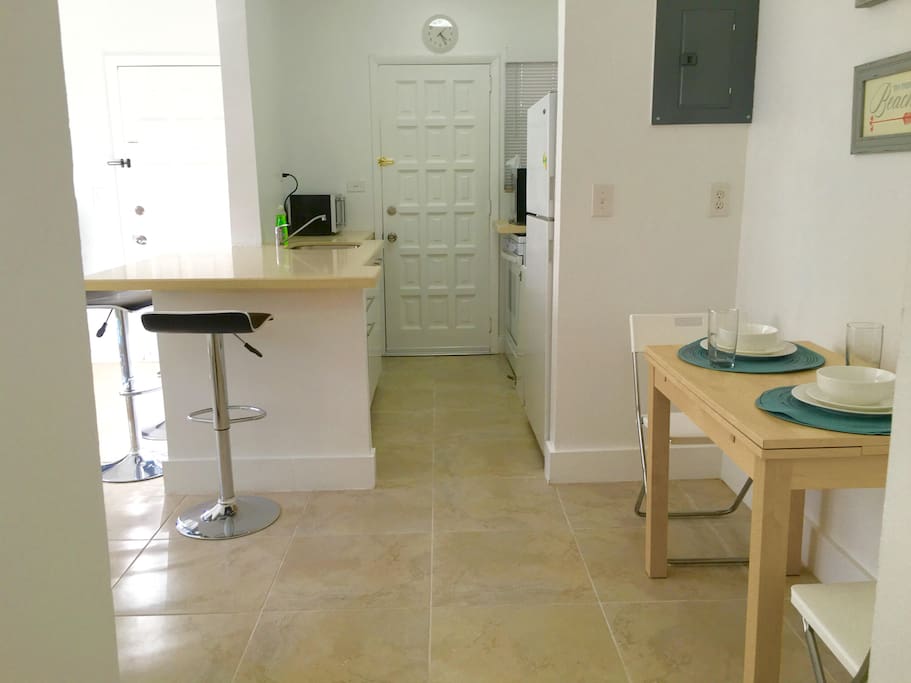Kitchen comes with coffee maker, microwave, toaster and blender.