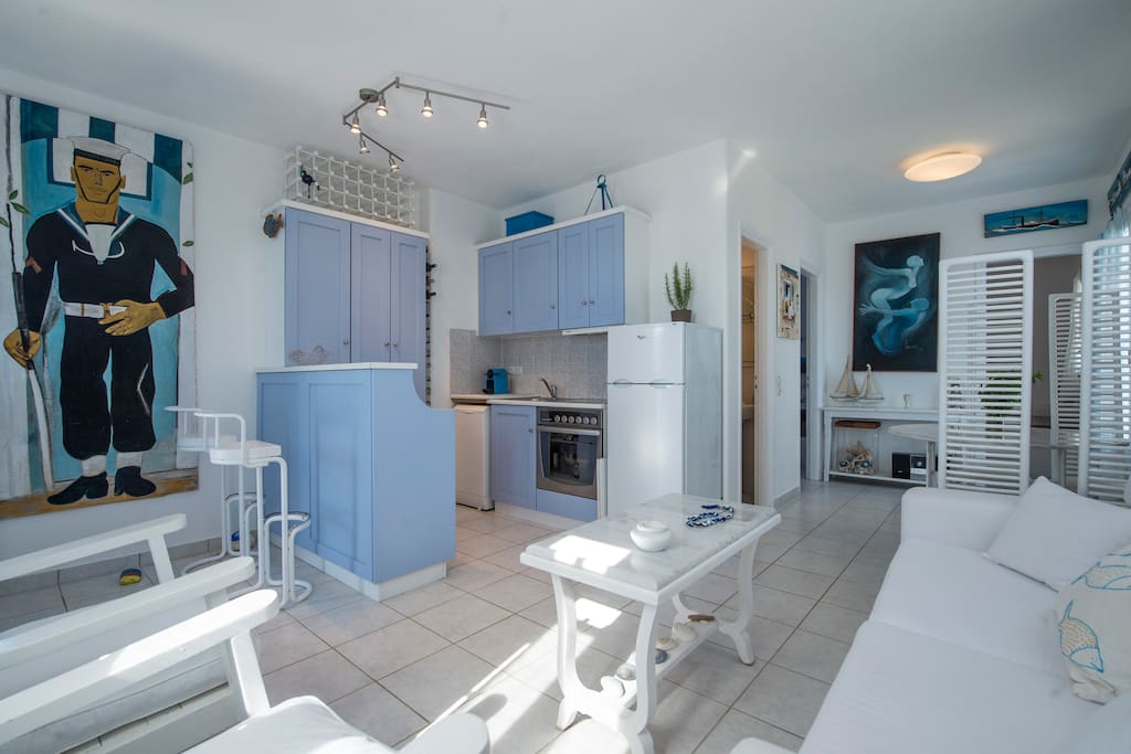Living room, open plan kitchen