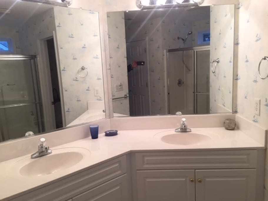 Master bathroom with dual sinks