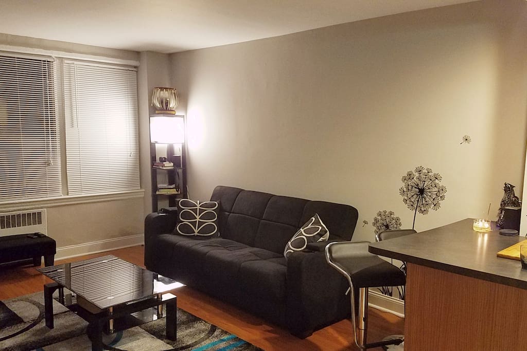 Futon converts into a full-size bed. Sheets, pillows, blanket provided.