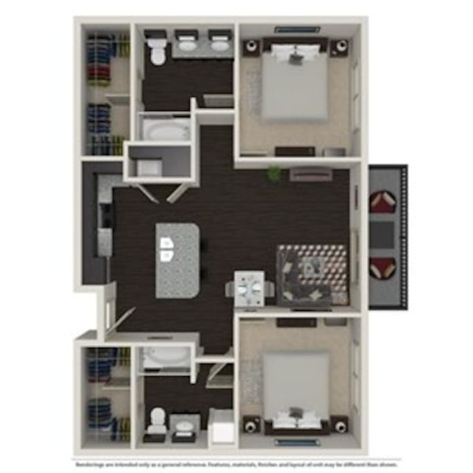Bedroom/Baths on opposite sides of apartment for privacy