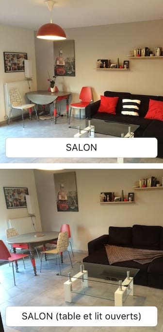 Salon avec canapé ouvert en lit et table à manger dépliée pouvant accueillir 6-7 personnes