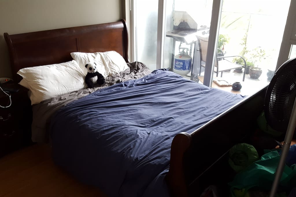 One bedroom overlooking the patio (sorry, panda not included!)